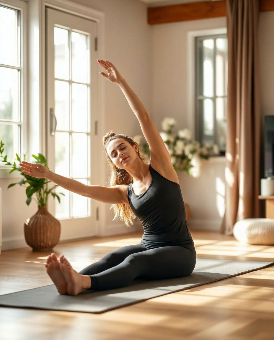 Woman doing yoga at home on a mat, flowers in the background